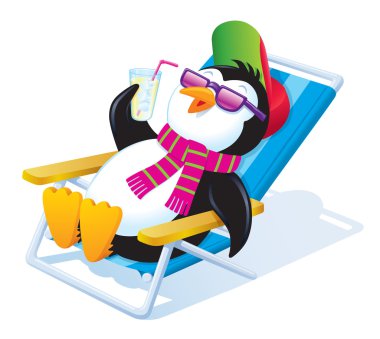 Penguen rahatlatıcı bir buzlu içeceği ile güneşin