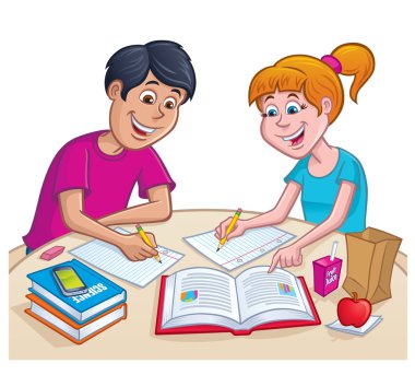 Gençler üzerinde ödev öğle yemeğinde çalışma