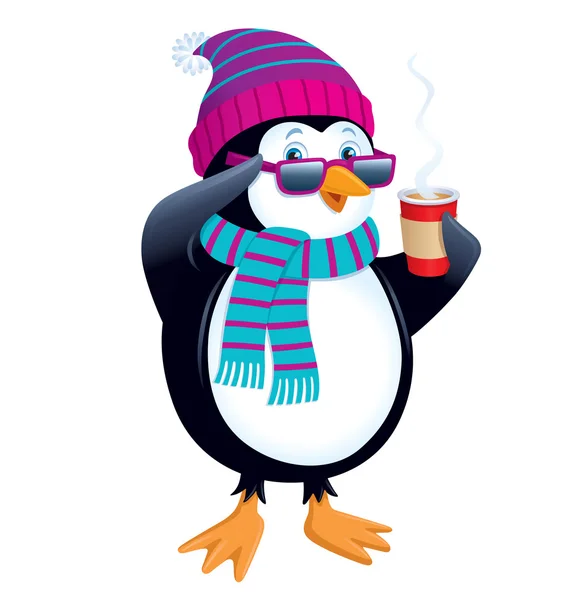 Penguin with Hot Drink and Wearing Sunglasses — Stock Photo, Image