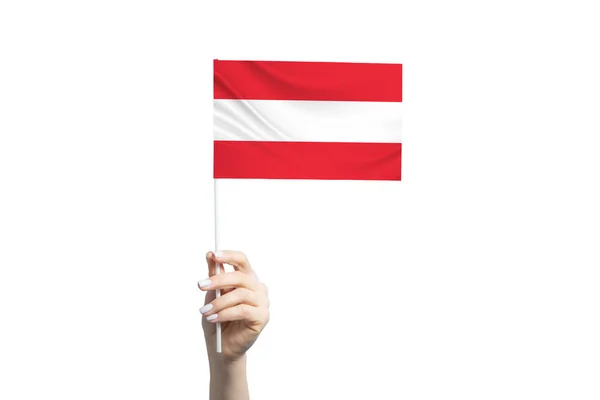 Hermosa mano femenina sosteniendo la bandera de Austria, aislada sobre fondo blanco —  Fotos de Stock