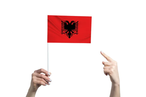 Una hermosa mano femenina sostiene una bandera de Albania a la que muestra el dedo de su otra mano, aislada sobre fondo blanco — Foto de Stock