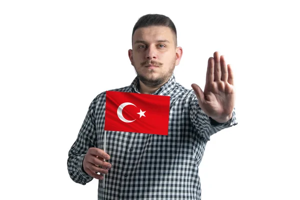 Белый Парень Флагом Турции Серьезным Лицом Показывает Знак Остановки Руки — стоковое фото