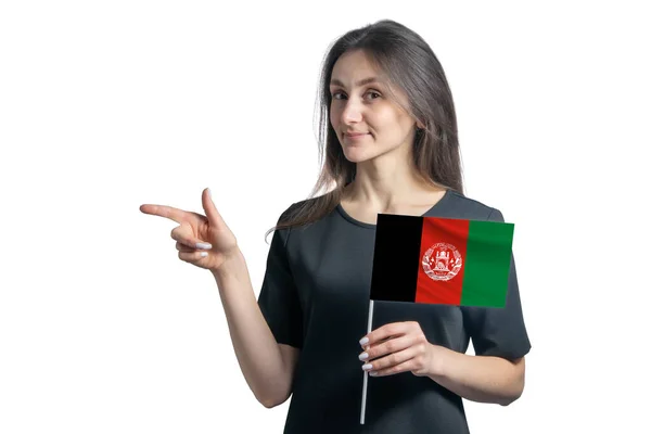 Boldog Fiatal Fehér Tartja Zászló Afganisztán Rámutat Balra Elszigetelt Fehér — Stock Fotó