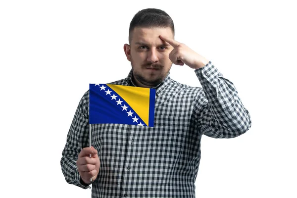 Hombre Blanco Sosteniendo Una Bandera Bosnia Herzegovina Dedo Toca Templo — Foto de Stock