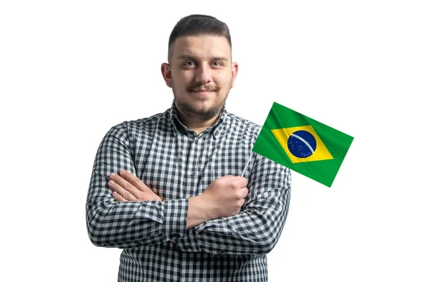 White Guy Holding Flag Brazil Smiling Confident Crossed Arms Isolated — Stock Photo, Image