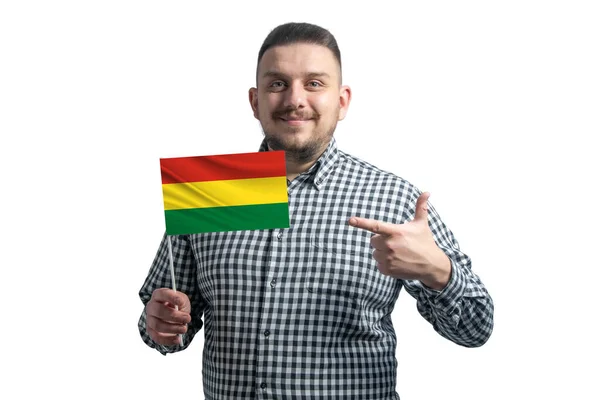 Beyaz Adam Bolivya Bayrağını Tutuyor Diğer Elini Beyaz Arka Planda — Stok fotoğraf