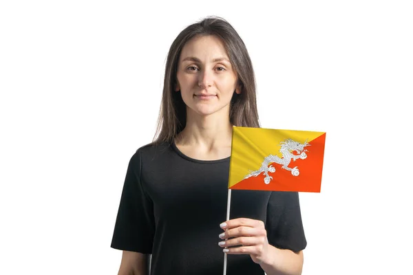 Счастливая Молодая Белая Девушка Флагом Бутана Белом Фоне — стоковое фото