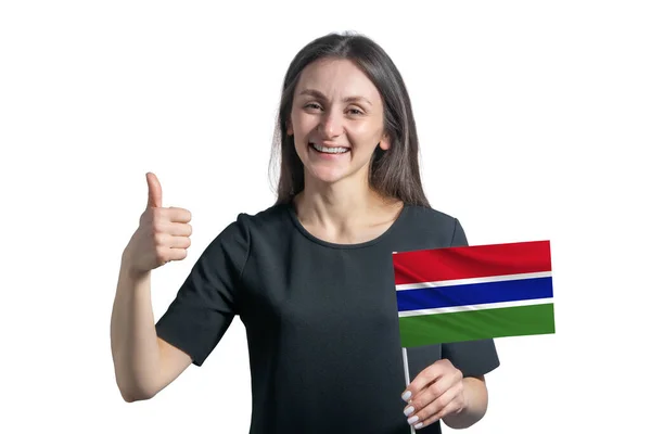 Glad Ung Vit Kvinna Som Håller Flaggan Gambia Och Visar — Stockfoto