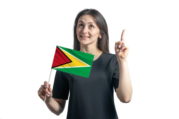 Happy Young White Woman Holding Flag Guyana Points Thumbs Isolated — Stock Photo, Image