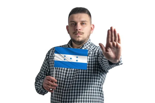 White Guy Holding Flag Honduras Serious Face Shows Hand Stop — Zdjęcie stockowe