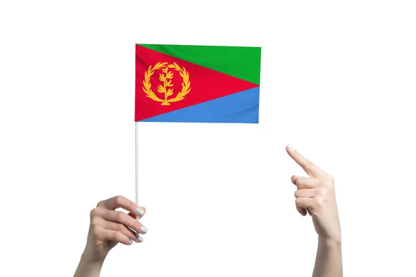 Uma Bela Mão Feminina Segura Uma Bandeira Eritreia Para Qual — Fotografia de Stock