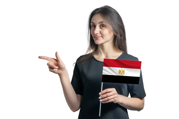 Boldog Fiatal Fehér Gazdaság Zászló Egyiptom Mutat Balra Elszigetelt Fehér — Stock Fotó
