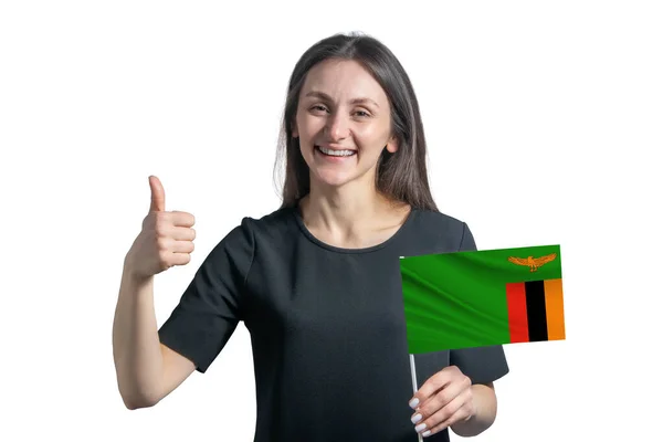 Feliz Joven Mujer Blanca Sosteniendo Bandera Zambia Muestra Clase Mano — Foto de Stock
