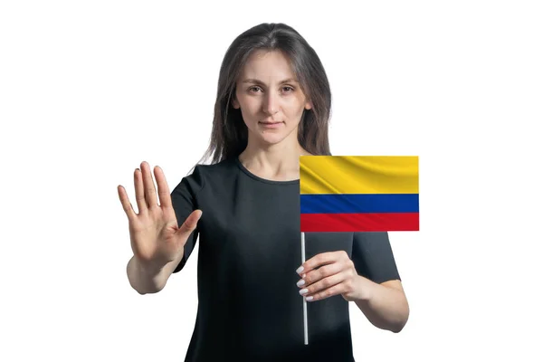 Mujer Blanca Joven Feliz Sosteniendo Bandera Colombia Con Una Cara — Foto de Stock