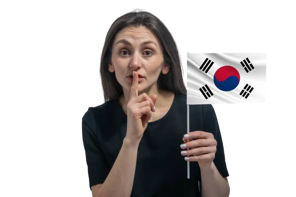 Mujer Blanca Joven Feliz Sosteniendo Bandera Corea Del Sur Sostiene — Foto de Stock