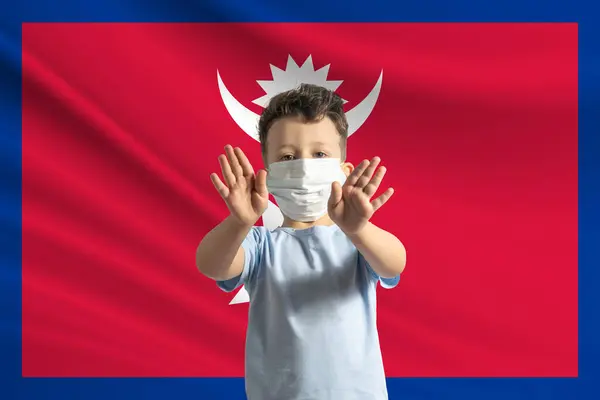 Little White Boy Protective Mask Background Flag Nepal Makes Stop — Stock Photo, Image