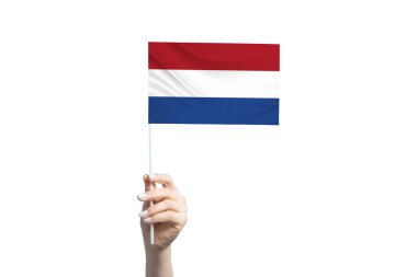 Beyaz arka planda izole edilmiş, Hollanda bayrağını tutan güzel bir kadın..