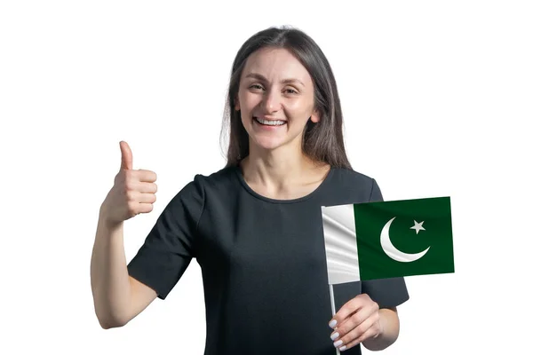 Gelukkige Jonge Blanke Vrouw Met Vlag Van Pakistan Toont Klasse — Stockfoto