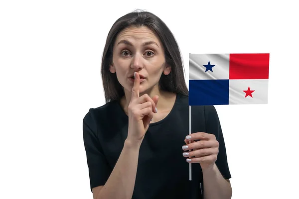 Feliz Joven Mujer Blanca Sosteniendo Bandera Panamá Sostiene Dedo Sus — Foto de Stock