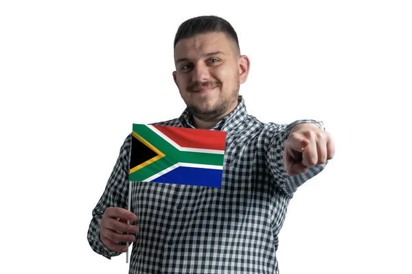 White Guy Holding Flag South African Republic Points Forward Front — Stock Photo, Image