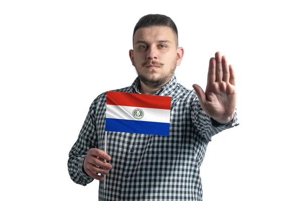 Vit Kille Som Håller Flagga Paraguay Och Med Ett Allvarligt — Stockfoto