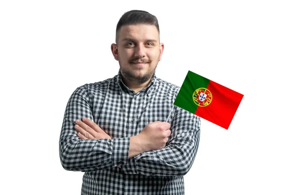Vit Kille Som Håller Flagga Portugal Ler Säkert Med Korsade — Stockfoto