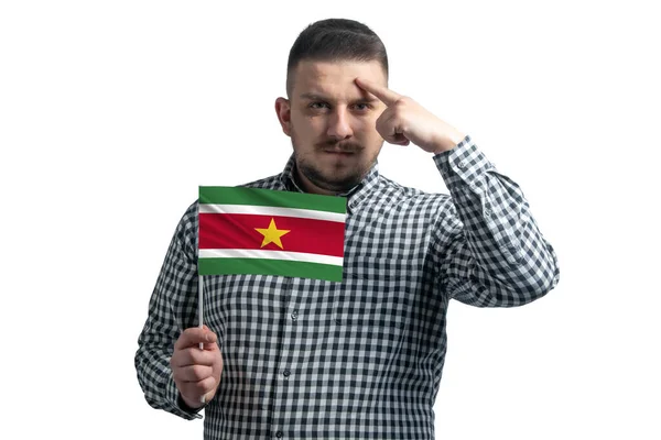 Weißer Mann Mit Einer Flagge Surinams Und Einem Finger Berührt — Stockfoto