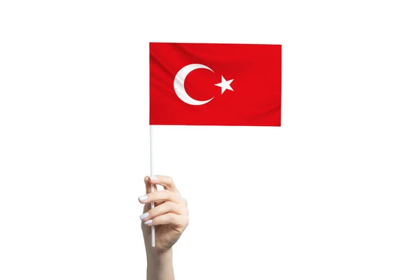 Mooie Vrouwelijke Hand Met Turkse Vlag Geïsoleerd Witte Achtergrond — Stockfoto