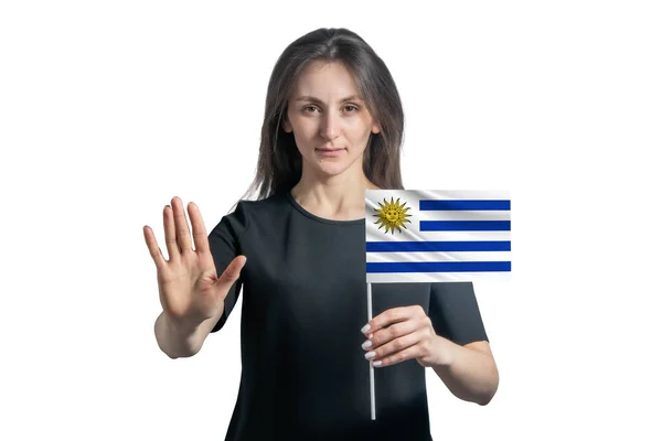 Mujer Blanca Joven Feliz Sosteniendo Bandera Uruguay Con Una Cara —  Fotos de Stock