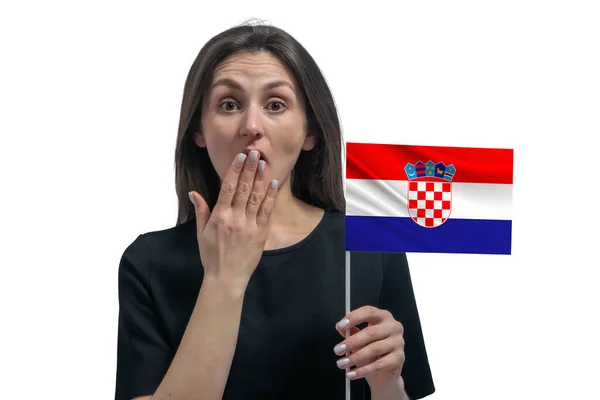 Happy Young White Woman Holding Flag Croatia Covers Her Mouth — Stock Photo, Image