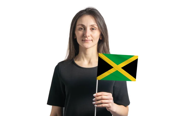 Gelukkig Jong Wit Meisje Met Jamaica Vlag Geïsoleerd Een Witte — Stockfoto