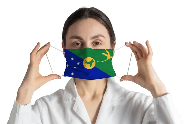 Respirator Flag Christmas Island Doctor Puts Medical Face Mask Isolated — Stock Photo, Image