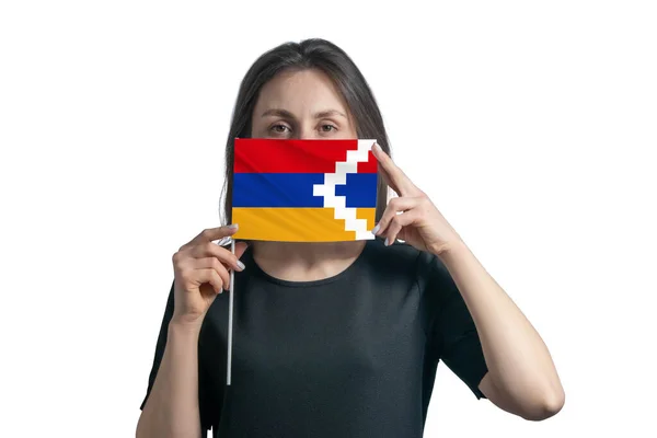 Jovem Mulher Branca Feliz Segurando Bandeira Nagorno Karabakh Bandeira República — Fotografia de Stock