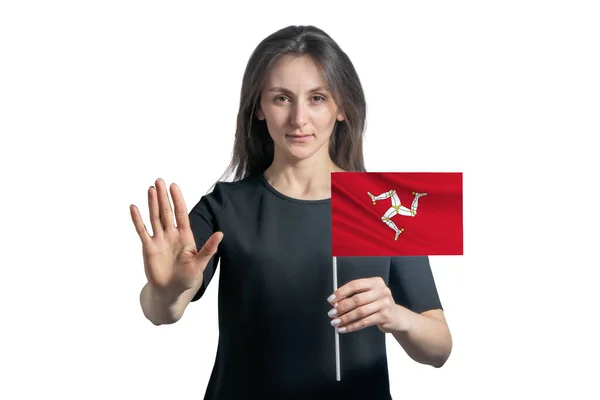 Fröhliche Junge Weiße Frau Mit Der Flagge Der Isle Man — Stockfoto