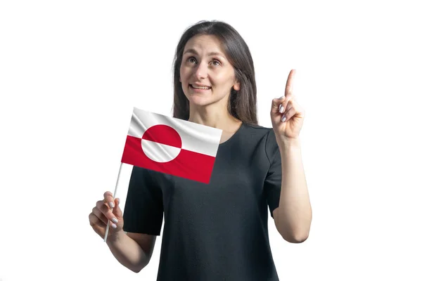 Gelukkige Jonge Blanke Vrouw Met Vlag Van Groenland Duimen Omhoog — Stockfoto