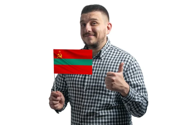 Biały Facet Flagą Naddniestrza Pokazuje Klasę Ręcznie Odizolowaną Białym Tle — Zdjęcie stockowe