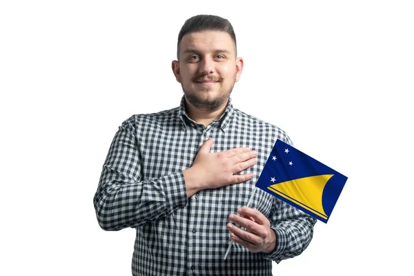 White Guy Holding Flag Tokelau Holds His Hand His Heart — Stock Photo, Image