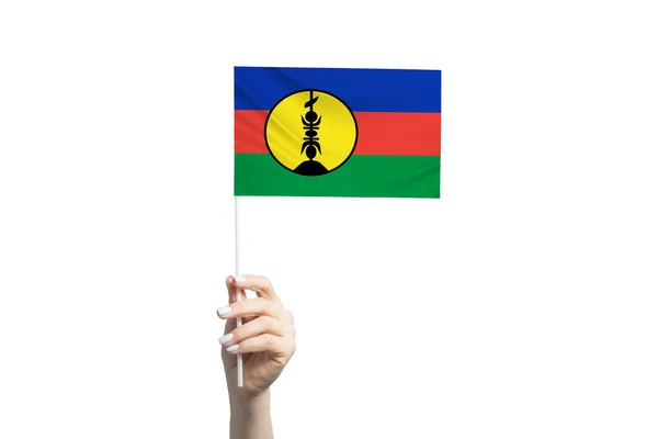 Mooie Vrouwelijke Hand Met Nieuw Caledonië Vlag Geïsoleerd Witte Achtergrond — Stockfoto