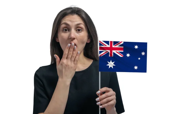 Feliz Joven Mujer Blanca Sosteniendo Bandera Australia Cubre Boca Con —  Fotos de Stock