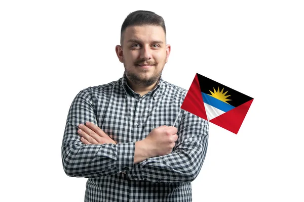 Hombre Blanco Sosteniendo Una Bandera Antigua Barbuda Sonriendo Confiado Con — Foto de Stock