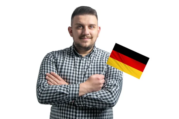 Weißer Typ Mit Deutschland Fahne Selbstbewusst Lächelnd Mit Verschränkten Armen — Stockfoto