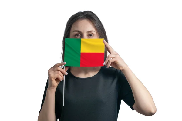 Happy Young White Woman Holding Flag Benin Flag Covers Her — Stock Photo, Image