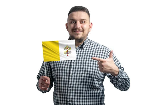 Blanke Man Met Een Vlag Van Het Vaticaan Wijst Met — Stockfoto
