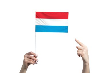 Güzel bir kadın eli, beyaz arka planda izole edilmiş diğer elinin parmağını gösterdiği bir Lüksemburg bayrağını tutuyor..