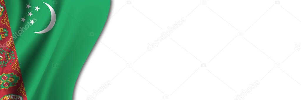 Turkmenistan flag on white background. White background with place for text near the flag of Turkmenistan.
