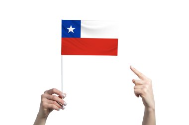 Güzel bir kadın eli, beyaz arka planda izole edilmiş diğer elinin parmağını gösterdiği Şili bayrağını tutuyor..