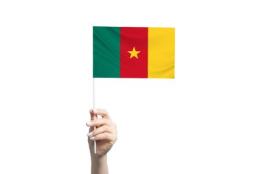 Kamerun bayrağı tutan güzel bir kadın el, beyaz arka planda izole edilmiş..