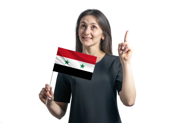 Joyeux Jeune Femme Blanche Tenant Drapeau Syrie Les Points Pouces — Photo