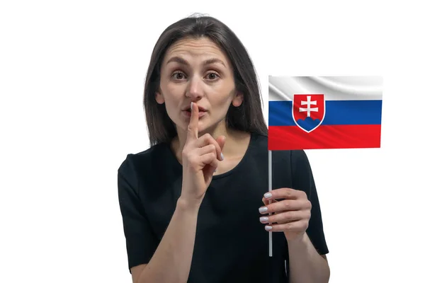 Happy Young White Woman Holding Flag Slovakia Holds Finger Her — Stock Photo, Image