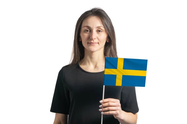 Glad Ung Vit Flicka Som Håller Sverige Flaggan Isolerad Vit — Stockfoto